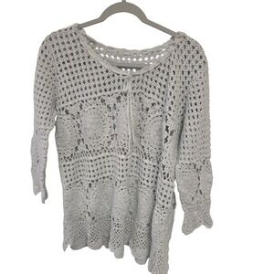 Boho Crochet Lace Knit Sweater Womens Cream Tie  Knit Festival Cottagecore